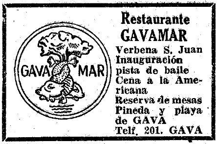 Anuncio de la verbena de San Juan del Restaurante Gavamar de Gav Mar publicado en el diario LA VANGUARDIA (22 de Junio de 1955)